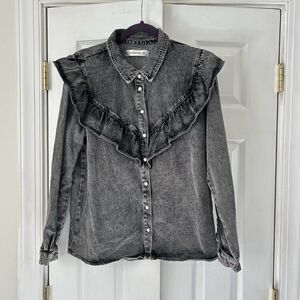 Stanton Cowgirl Shirt Women's M Black Distressed Denim Ruffle Pearl Snaps Rodeo